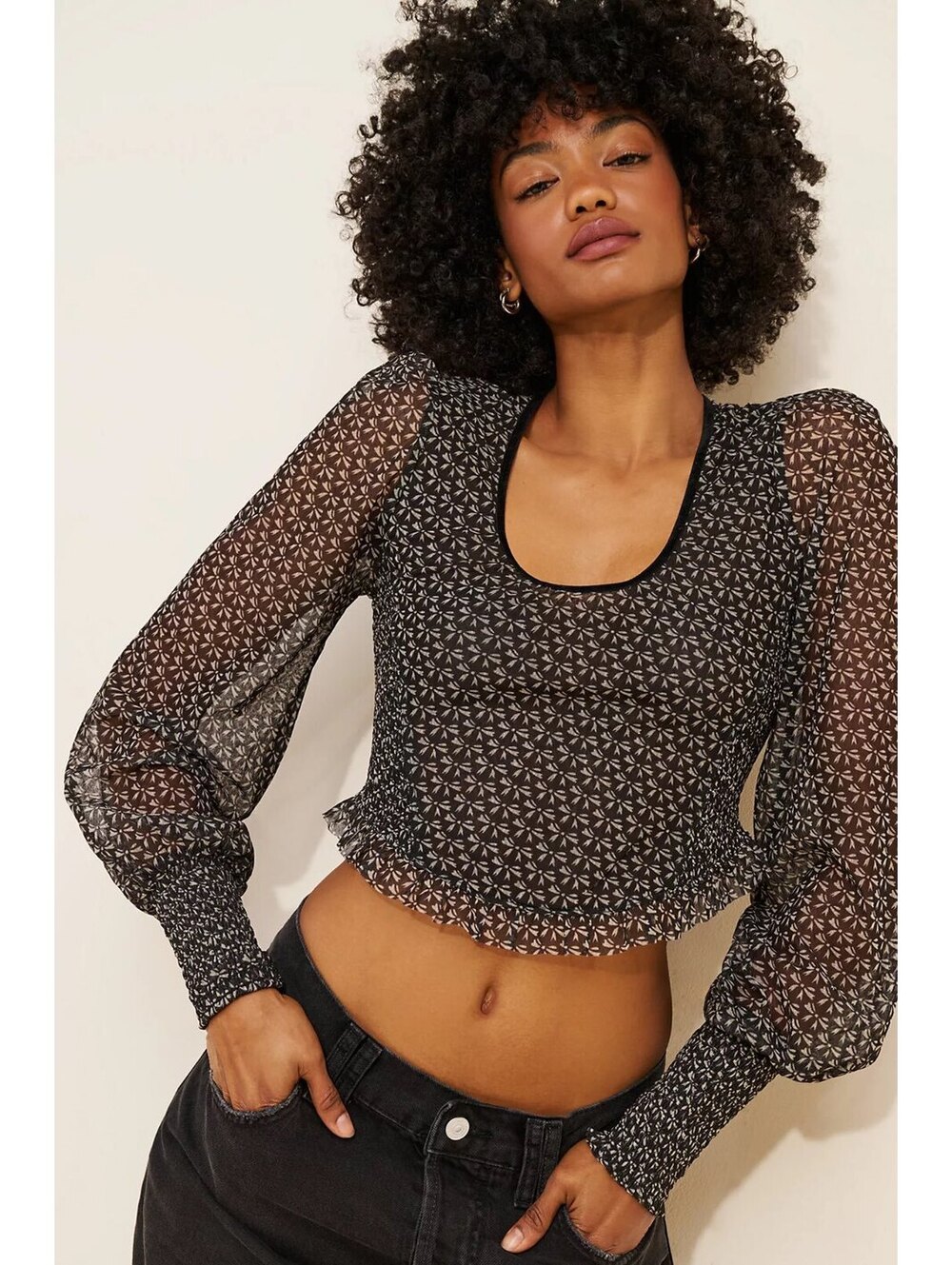 FREE PEOPLE Dottie Printed Long Sleeve Knit sheer Crop Top